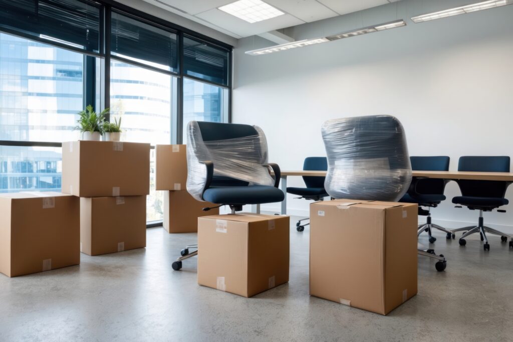 A modern office with wrapped chairs and stacked boxes ready for moving in the concept of 'what are office removals services'.